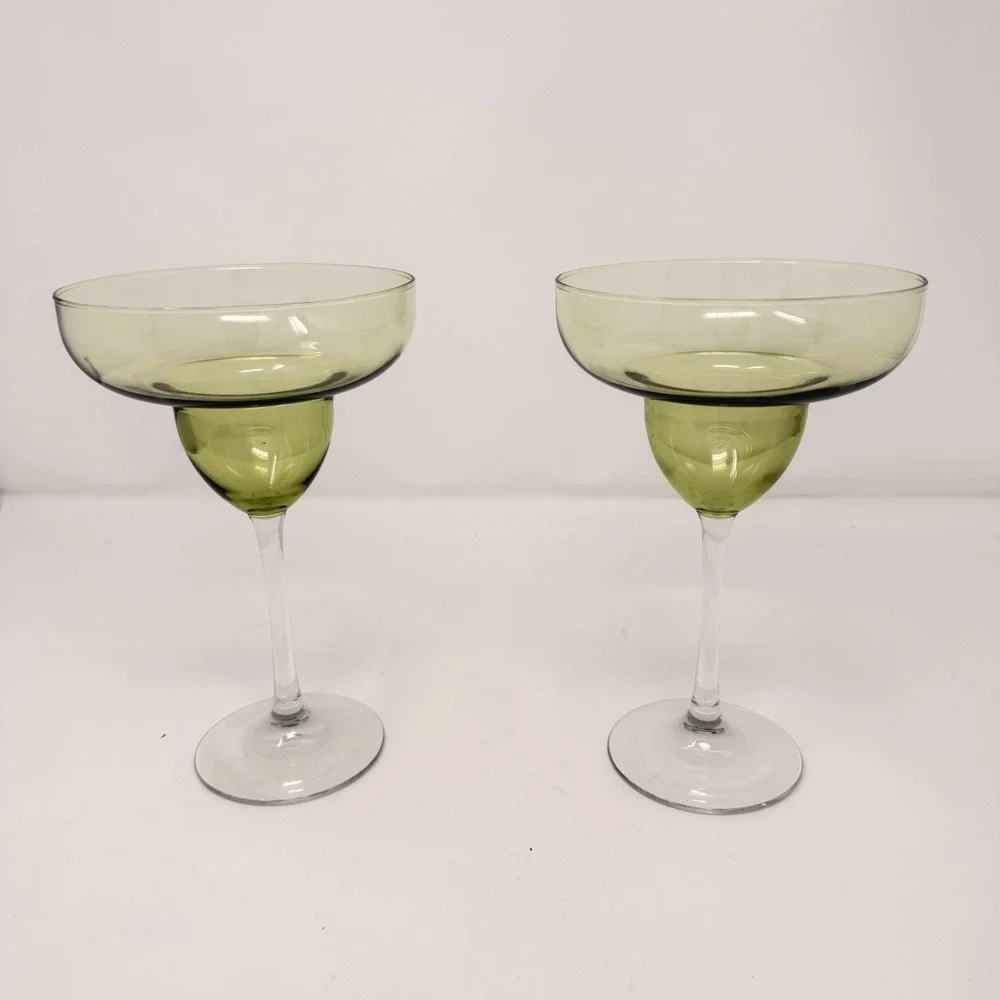 2 Hand-Blown Avocado Green Margarita Glasses with Clear Stems‎ - 7 1/2